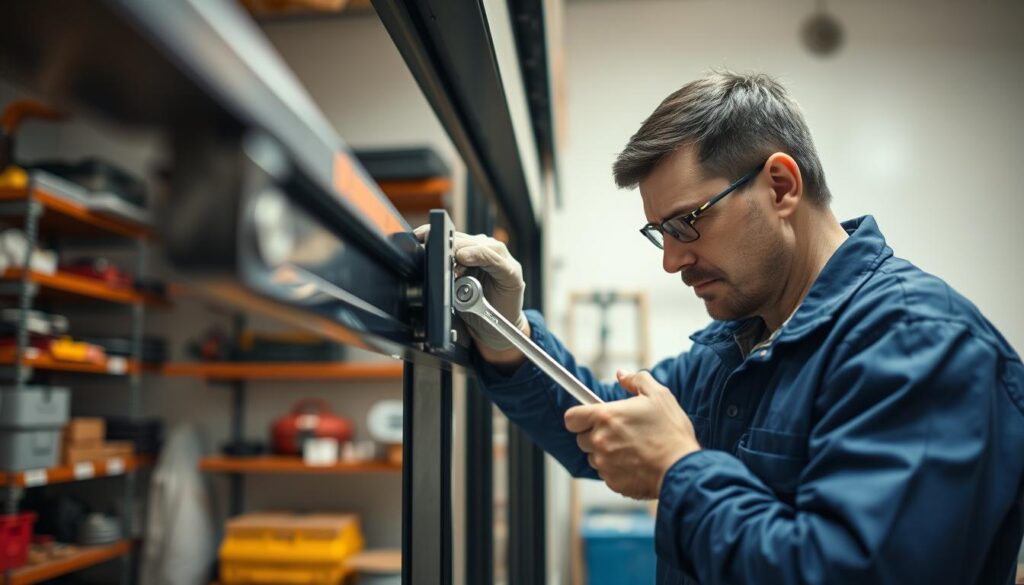 A professional technician in a blue uniform inspects and maintains a sliding gate within a well-lit workshop. In the foreground, focus on the technician using a wrench to adjust a rail mechanism, showcasing effort and precision. The middle ground reveals the sleek gate structure with visible tracks and wheels, emphasizing the details of the maintenance work being performed. In the background, shelves with tools and equipment hint at a structured, organized workspace. Soft, warm lighting creates a welcoming atmosphere, while the angle captures both the technician's focused expression and the intricate components of the gate. The overall mood is industrious and dedicated, highlighting the importance of thorough maintenance for smooth functionality. A professional technician in a blue uniform inspects and maintains a sliding gate within a well-lit workshop. In the foreground, focus on the technician using a wrench to adjust a rail mechanism, showcasing effort and precision. The middle ground reveals the sleek gate structure with visible tracks and wheels, emphasizing the details of the maintenance work being performed. In the background, shelves with tools and equipment hint at a structured, organized workspace. Soft, warm lighting creates a welcoming atmosphere, while the angle captures both the technician's focused expression and the intricate components of the gate. The overall mood is industrious and dedicated, highlighting the importance of thorough maintenance for smooth functionality.