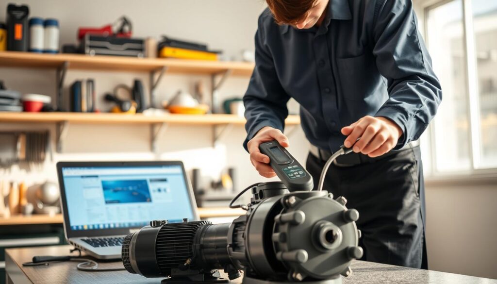 A professional technician in business attire is inspecting an Eartheco pool pump in a well-lit workshop. The foreground shows the technician holding a diagnostic tool, closely examining the pump's components, while a laptop displaying diagnostic software is open on a nearby workbench. In the middle background, shelves lined with various pool maintenance tools and equipment reflect a clean and organized workspace, enhancing the atmosphere of professionalism and expertise. Soft, natural lighting filters through a nearby window, casting a warm glow on the scene, creating a focused and calm mood that underscores the "diagnostics-first repair approach." The angle captures both the technician’s concentration and the intricate details of the pump, emphasizing the importance of meticulous diagnostics in pool service. A professional technician in business attire is inspecting an Eartheco pool pump in a well-lit workshop. The foreground shows the technician holding a diagnostic tool, closely examining the pump's components, while a laptop displaying diagnostic software is open on a nearby workbench. In the middle background, shelves lined with various pool maintenance tools and equipment reflect a clean and organized workspace, enhancing the atmosphere of professionalism and expertise. Soft, natural lighting filters through a nearby window, casting a warm glow on the scene, creating a focused and calm mood that underscores the "diagnostics-first repair approach." The angle captures both the technician’s concentration and the intricate details of the pump, emphasizing the importance of meticulous diagnostics in pool service.