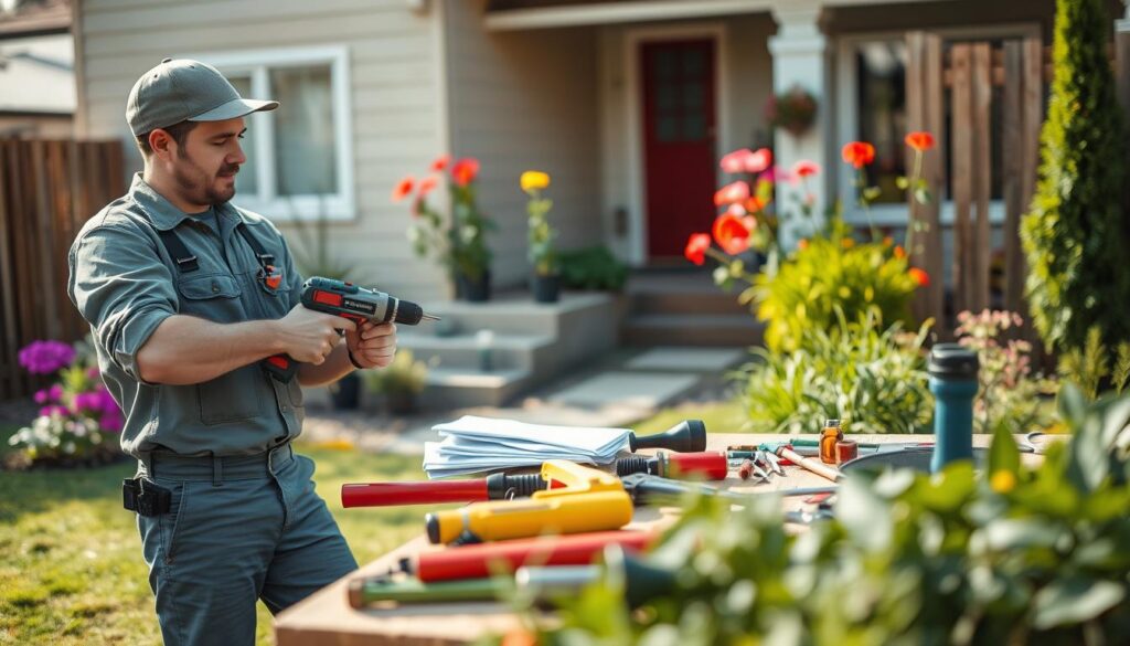 A reliable handyman at work in a well-maintained residential property. The foreground features a professional male handyman in a neat work uniform, using a power drill to fix a wooden fence. In the middle ground, a variety of tools and materials are neatly organized on a work table, showcasing efficiency and expertise. The background displays a tidy garden with vibrant flowers and a home with freshly painted walls, indicating recent maintenance. Soft, natural lighting enhances the scene, capturing the essence of a sunny day. The mood is focused and industrious, reflecting professionalism and reliability in property service, emphasizing the commitment to quality handyman work for local properties. A reliable handyman at work in a well-maintained residential property. The foreground features a professional male handyman in a neat work uniform, using a power drill to fix a wooden fence. In the middle ground, a variety of tools and materials are neatly organized on a work table, showcasing efficiency and expertise. The background displays a tidy garden with vibrant flowers and a home with freshly painted walls, indicating recent maintenance. Soft, natural lighting enhances the scene, capturing the essence of a sunny day. The mood is focused and industrious, reflecting professionalism and reliability in property service, emphasizing the commitment to quality handyman work for local properties.