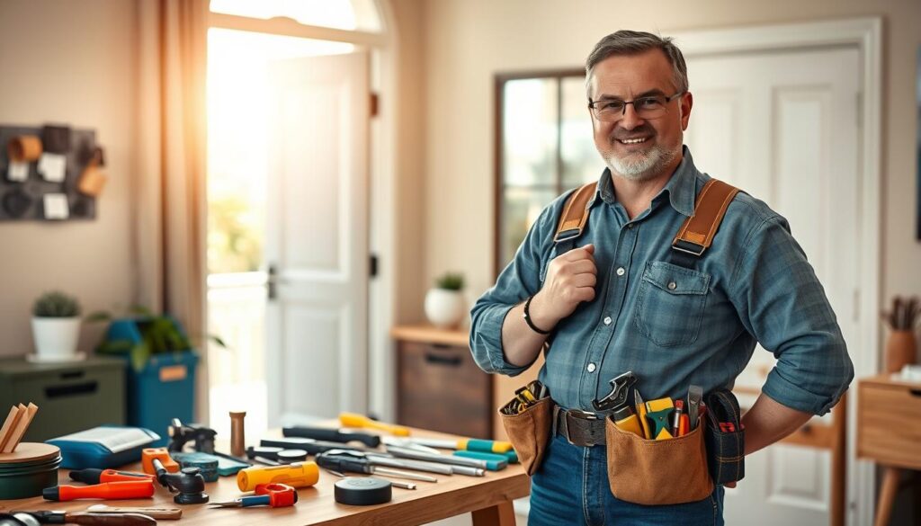 A reliable handyman stands confidently in a well-kept home environment, showcasing their skills. In the foreground, the handyman, a middle-aged man with a friendly demeanor, is dressed in smart casual clothing, holding a toolbelt filled with essential tools. He is performing maintenance on a home’s door, focusing on repairing a hinge. In the middle ground, various tools and materials are neatly arranged on a workbench, highlighting an organized approach. The background features a stylish interior of a Centurion property, with natural light streaming through a window, creating a warm and inviting atmosphere. The image captures professionalism and trustworthiness, emphasizing the handyman's expertise in maintaining properties. The lens is set at a slight angle, enhancing depth and creating a vibrant, sunny ambiance. A reliable handyman stands confidently in a well-kept home environment, showcasing their skills. In the foreground, the handyman, a middle-aged man with a friendly demeanor, is dressed in smart casual clothing, holding a toolbelt filled with essential tools. He is performing maintenance on a home’s door, focusing on repairing a hinge. In the middle ground, various tools and materials are neatly arranged on a workbench, highlighting an organized approach. The background features a stylish interior of a Centurion property, with natural light streaming through a window, creating a warm and inviting atmosphere. The image captures professionalism and trustworthiness, emphasizing the handyman's expertise in maintaining properties. The lens is set at a slight angle, enhancing depth and creating a vibrant, sunny ambiance.