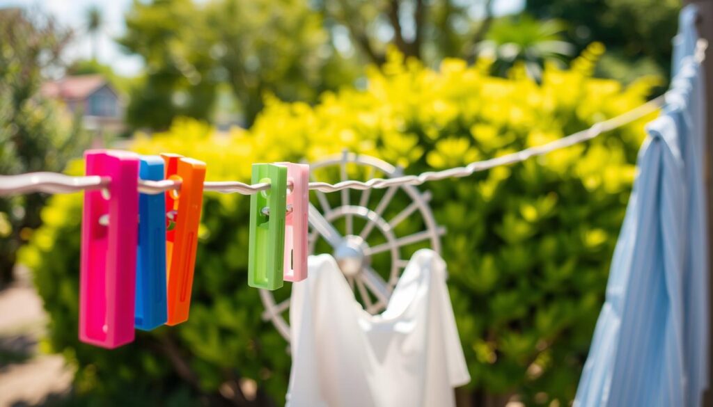 A rotary washing line in a sunny outdoor setting, showcasing its intricate design and functionality. In the foreground, the focus is on the midsection of the line, highlighting the bright, colorful clothes pegs attached to freshly laundered garments flapping gently in the breeze. The middle ground features a slightly blurred view of the washing line's mechanism, emphasizing its circular structure and durable materials. In the background, a lush green garden with bushes and trees bathed in warm sunlight creates a serene and inviting atmosphere. The scene should have natural lighting with soft shadows, captured from a slightly elevated angle to provide a comprehensive view of the washing line setup, evoking a sense of home and care in domestic chores. A rotary washing line in a sunny outdoor setting, showcasing its intricate design and functionality. In the foreground, the focus is on the midsection of the line, highlighting the bright, colorful clothes pegs attached to freshly laundered garments flapping gently in the breeze. The middle ground features a slightly blurred view of the washing line's mechanism, emphasizing its circular structure and durable materials. In the background, a lush green garden with bushes and trees bathed in warm sunlight creates a serene and inviting atmosphere. The scene should have natural lighting with soft shadows, captured from a slightly elevated angle to provide a comprehensive view of the washing line setup, evoking a sense of home and care in domestic chores.