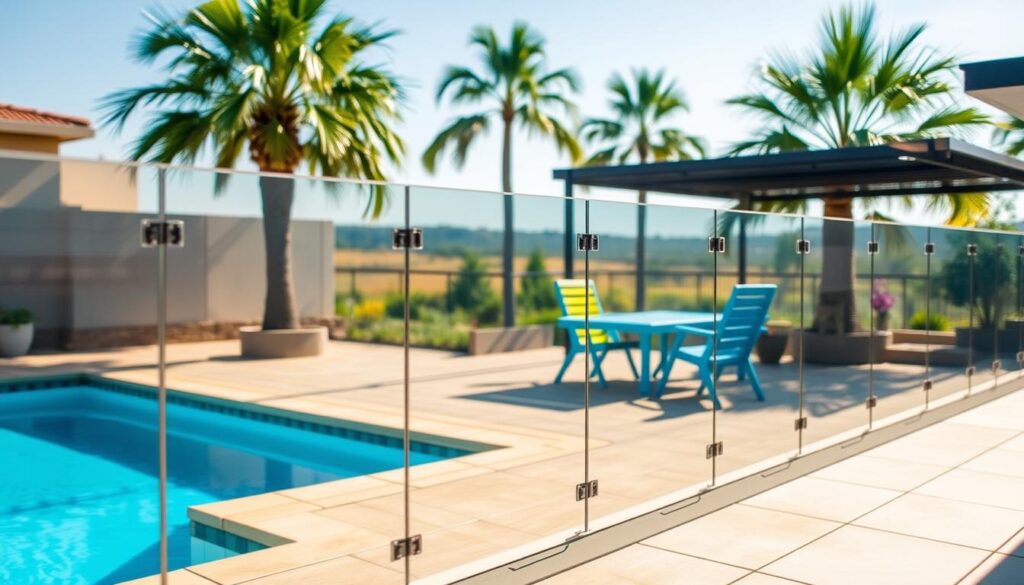 A safe, child-friendly pool area featuring a high-quality, transparent child safety pool fence surrounding a bright blue swimming pool. In the foreground, the fence is clearly visible, showcasing its sturdy construction and clear panels that allow visibility while ensuring safety. In the middle ground, a well-maintained patio with colorful outdoor furniture invites relaxation, reflecting a lively, welcoming atmosphere. The background offers a sunny Pretoria landscape with palm trees and a clear blue sky, enhancing the idyllic setting. Soft, natural lighting casts gentle shadows, creating a warm and inviting mood. The scene exudes a sense of security, ideal for families and rentals, highlighting the importance of child-safe pool fencing in residential areas. A safe, child-friendly pool area featuring a high-quality, transparent child safety pool fence surrounding a bright blue swimming pool. In the foreground, the fence is clearly visible, showcasing its sturdy construction and clear panels that allow visibility while ensuring safety. In the middle ground, a well-maintained patio with colorful outdoor furniture invites relaxation, reflecting a lively, welcoming atmosphere. The background offers a sunny Pretoria landscape with palm trees and a clear blue sky, enhancing the idyllic setting. Soft, natural lighting casts gentle shadows, creating a warm and inviting mood. The scene exudes a sense of security, ideal for families and rentals, highlighting the importance of child-safe pool fencing in residential areas.