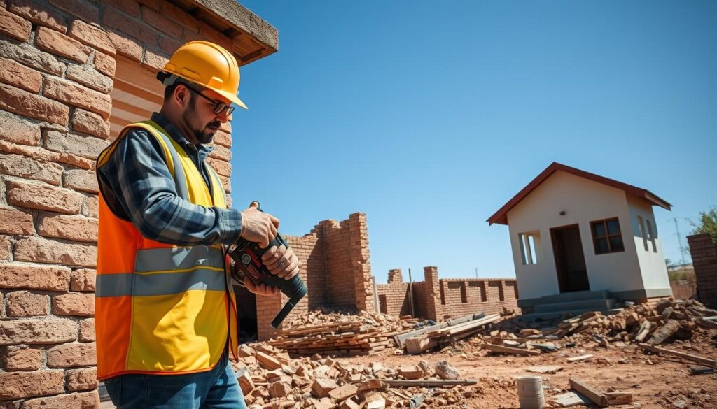 A selective demolition site in Pretoria showcasing small-scale demolition on a residential structure. In the foreground, a professional contractor in a hard hat and safety vest operates a pneumatic breaker, skillfully removing sections of an old wall. The middle ground features partially demolished walls and a small outbuilding, surrounded by construction debris and tools. In the background, a clear blue sky allows natural sunlight to illuminate the scene, casting dynamic shadows that emphasize the rugged textures of the exposed bricks and wood. The image conveys a sense of trust and expertise in small demolition work, with a focus on precision and safety in the vibrant South African context. The angle is slightly elevated, capturing the action and environment effectively. A selective demolition site in Pretoria showcasing small-scale demolition on a residential structure. In the foreground, a professional contractor in a hard hat and safety vest operates a pneumatic breaker, skillfully removing sections of an old wall. The middle ground features partially demolished walls and a small outbuilding, surrounded by construction debris and tools. In the background, a clear blue sky allows natural sunlight to illuminate the scene, casting dynamic shadows that emphasize the rugged textures of the exposed bricks and wood. The image conveys a sense of trust and expertise in small demolition work, with a focus on precision and safety in the vibrant South African context. The angle is slightly elevated, capturing the action and environment effectively.
