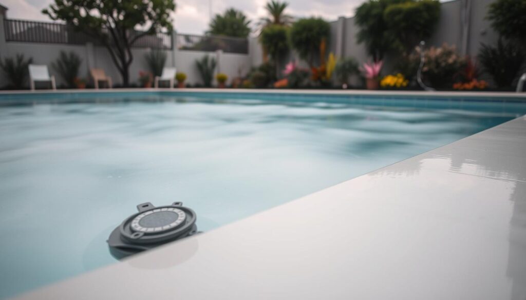 A serene Pretoria swimming pool scene showcasing cloudy water with a hint of greenish tint, indicating a need for filter service. In the foreground, the edge of the pool is visible, with some scattered pool maintenance tools like a skimmer net and water testing kit. The middle ground features the murky water, reflecting the sky's soft gray clouds. In the background, a well-kept garden with local flora adds a touch of color, contrasting the pool's condition. The lighting is soft and diffused, mimicking an overcast day, providing a calm yet concerning atmosphere. The angle captures a slightly elevated view of the pool, emphasizing the water quality, with no human figures present. The image should evoke a sense of urgency for maintenance while remaining visually pleasing and professional. A serene Pretoria swimming pool scene showcasing cloudy water with a hint of greenish tint, indicating a need for filter service. In the foreground, the edge of the pool is visible, with some scattered pool maintenance tools like a skimmer net and water testing kit. The middle ground features the murky water, reflecting the sky's soft gray clouds. In the background, a well-kept garden with local flora adds a touch of color, contrasting the pool's condition. The lighting is soft and diffused, mimicking an overcast day, providing a calm yet concerning atmosphere. The angle captures a slightly elevated view of the pool, emphasizing the water quality, with no human figures present. The image should evoke a sense of urgency for maintenance while remaining visually pleasing and professional.