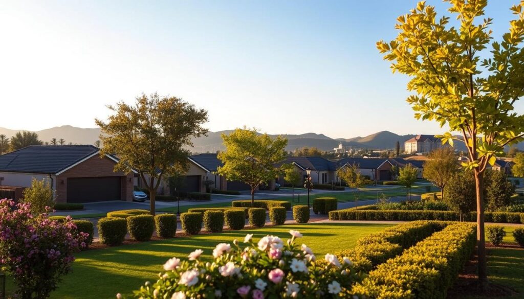 A serene and picturesque landscape of Midstream Estate in Centurion, showcasing its charming residential architecture surrounded by lush greenery. In the foreground, a neatly maintained garden with blooming flowers and well-pruned bushes sets a welcoming tone. The middle ground highlights a row of stylish houses, their modern designs reflecting quality craftsmanship. Trees with vibrant leaves line the streets, providing a sense of community. In the background, soft rolling hills and a clear blue sky complete the idyllic scene, illuminated by warm, golden sunlight that bathes the area in a peaceful glow. The composition should convey a calm and inviting atmosphere, capturing the essence of a desirable living space in the Midstream Estate region. A serene and picturesque landscape of Midstream Estate in Centurion, showcasing its charming residential architecture surrounded by lush greenery. In the foreground, a neatly maintained garden with blooming flowers and well-pruned bushes sets a welcoming tone. The middle ground highlights a row of stylish houses, their modern designs reflecting quality craftsmanship. Trees with vibrant leaves line the streets, providing a sense of community. In the background, soft rolling hills and a clear blue sky complete the idyllic scene, illuminated by warm, golden sunlight that bathes the area in a peaceful glow. The composition should convey a calm and inviting atmosphere, capturing the essence of a desirable living space in the Midstream Estate region.