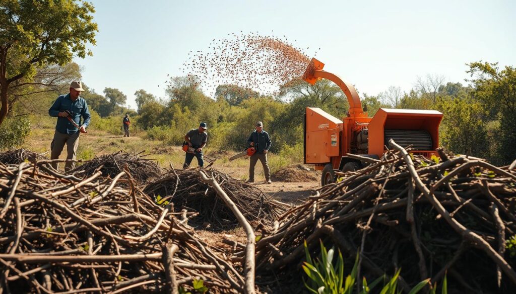A serene landscape of land clearing in Pretoria, showcasing a team of professional workers dressed in modest, practical clothing. In the foreground, piles of cut branches and invasive vegetation are neatly stacked, with a powerful wood chipper in action, sending chips flying into the air. The middle ground features workers using chainsaws and rakes, diligently clearing the area under a bright, sunny sky. In the background, the lush greenery of Pretoria's unique flora contrasts with the cleared land, emphasizing environmental stewardship. Soft, natural lighting creates a warm atmosphere, highlighting the productivity and purposefulness of the scene. The angle captures both the activity's dynamism and the beauty of the surrounding landscape. A serene landscape of land clearing in Pretoria, showcasing a team of professional workers dressed in modest, practical clothing. In the foreground, piles of cut branches and invasive vegetation are neatly stacked, with a powerful wood chipper in action, sending chips flying into the air. The middle ground features workers using chainsaws and rakes, diligently clearing the area under a bright, sunny sky. In the background, the lush greenery of Pretoria's unique flora contrasts with the cleared land, emphasizing environmental stewardship. Soft, natural lighting creates a warm atmosphere, highlighting the productivity and purposefulness of the scene. The angle captures both the activity's dynamism and the beauty of the surrounding landscape.
