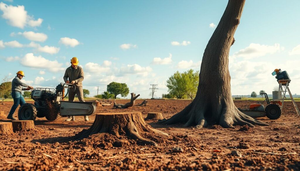 A serene landscape showcasing a professional tree removal service at work. In the foreground, a team of workers in modest casual clothing operates a stump grinder and chainsaw, skillfully clearing tree stumps and fallen branches. In the middle ground, several cleared trees lie ready for removal, with visible roots and dirt, showcasing their recent extraction. The background features a cleared plot of land, revealing rich brown earth, dotted with small rocks, and a few distant trees, under a bright blue sky with soft white clouds. The lighting is warm and inviting, simulating mid-morning sunlight that casts gentle shadows, creating a calm, productive atmosphere suitable for building site preparation. The focus is sharp on the workers, with a slight blur on the background for depth, capturing the essence of land clearing services. A serene landscape showcasing a professional tree removal service at work. In the foreground, a team of workers in modest casual clothing operates a stump grinder and chainsaw, skillfully clearing tree stumps and fallen branches. In the middle ground, several cleared trees lie ready for removal, with visible roots and dirt, showcasing their recent extraction. The background features a cleared plot of land, revealing rich brown earth, dotted with small rocks, and a few distant trees, under a bright blue sky with soft white clouds. The lighting is warm and inviting, simulating mid-morning sunlight that casts gentle shadows, creating a calm, productive atmosphere suitable for building site preparation. The focus is sharp on the workers, with a slight blur on the background for depth, capturing the essence of land clearing services.