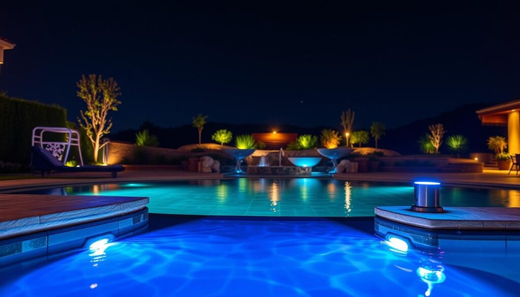 A serene nighttime pool scene illuminated by vibrant LED lighting. In the foreground, we see the pool's edge with modern LED light fixtures encased in sleek, waterproof housing, casting colorful reflections on the water’s surface. The middle ground reveals a beautifully designed pool surrounded by elegant stone tiles and lush greenery, enhancing the tranquil atmosphere. The background features softly lit landscaping and a clear night sky dotted with stars, evoking a peaceful ambiance. The lighting is warm and inviting, creating a relaxing mood ideal for gatherings or quiet evenings. The image is captured with a wide-angle lens to emphasize the expansive view, showcasing the interplay of light and shadow in the landscape, without any people or text included. A serene nighttime pool scene illuminated by vibrant LED lighting. In the foreground, we see the pool's edge with modern LED light fixtures encased in sleek, waterproof housing, casting colorful reflections on the water’s surface. The middle ground reveals a beautifully designed pool surrounded by elegant stone tiles and lush greenery, enhancing the tranquil atmosphere. The background features softly lit landscaping and a clear night sky dotted with stars, evoking a peaceful ambiance. The lighting is warm and inviting, creating a relaxing mood ideal for gatherings or quiet evenings. The image is captured with a wide-angle lens to emphasize the expansive view, showcasing the interplay of light and shadow in the landscape, without any people or text included.