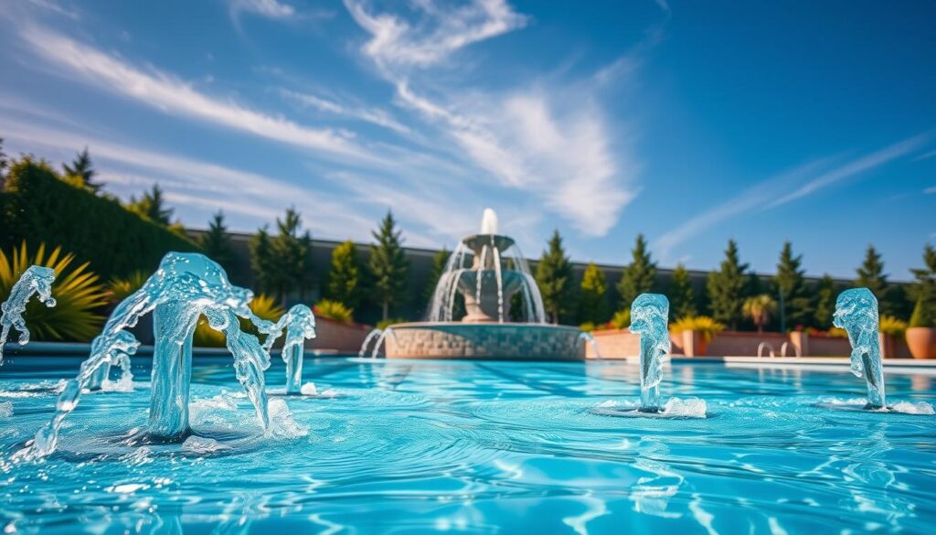 A serene outdoor scene featuring a modern swimming pool with multiple water jets and a stylish fountain. In the foreground, clear blue water splashes gently from the jets, creating a playful yet calming effect. The middle ground showcases the fountain, intricately designed with flowing water illuminated by soft LED lights, casting a gentle glow. Surrounding the pool are lush green plants and well-maintained landscapes, enhancing the tranquil atmosphere. In the background, a clear blue sky with wispy clouds suggests a perfect sunny day. The composition is captured from a low angle, emphasizing the beauty of the water features in a professional setting, evoking a sense of luxury and maintenance. The mood is inviting and peaceful, perfect for showcasing the elegance and functionality of water features. A serene outdoor scene featuring a modern swimming pool with multiple water jets and a stylish fountain. In the foreground, clear blue water splashes gently from the jets, creating a playful yet calming effect. The middle ground showcases the fountain, intricately designed with flowing water illuminated by soft LED lights, casting a gentle glow. Surrounding the pool are lush green plants and well-maintained landscapes, enhancing the tranquil atmosphere. In the background, a clear blue sky with wispy clouds suggests a perfect sunny day. The composition is captured from a low angle, emphasizing the beauty of the water features in a professional setting, evoking a sense of luxury and maintenance. The mood is inviting and peaceful, perfect for showcasing the elegance and functionality of water features.