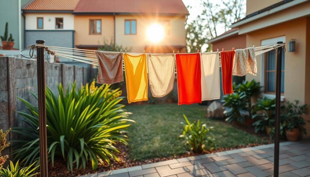 A serene outdoor scene showcasing a compact and stylish washing line installation suitable for small yards in Pretoria. In the foreground, a durable, modern washing line made of corrosion-resistant materials, with neatly hung colorful clothes fluttering in a gentle breeze. The middle ground features lush green plants and a stone-paved yard, emphasizing space-saving design. In the background, typical Pretoria architecture, blending traditional and contemporary styles, with the bright sun casting warm, golden light over the scene. The angle is slightly elevated to capture the overall layout, creating a bright and inviting atmosphere that reflects practicality and aesthetic appeal for residential homes in an urban setting. A serene outdoor scene showcasing a compact and stylish washing line installation suitable for small yards in Pretoria. In the foreground, a durable, modern washing line made of corrosion-resistant materials, with neatly hung colorful clothes fluttering in a gentle breeze. The middle ground features lush green plants and a stone-paved yard, emphasizing space-saving design. In the background, typical Pretoria architecture, blending traditional and contemporary styles, with the bright sun casting warm, golden light over the scene. The angle is slightly elevated to capture the overall layout, creating a bright and inviting atmosphere that reflects practicality and aesthetic appeal for residential homes in an urban setting.