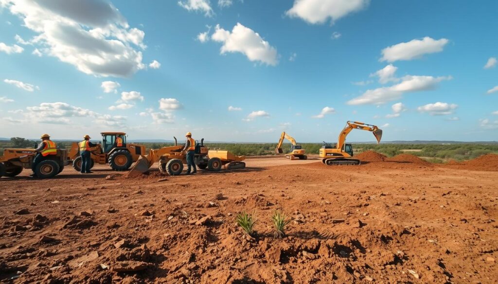 A serene, well-maintained plot clearing in Pretoria, showcasing a large, open land site cleared of bush and rubble. In the foreground, a professional land clearing crew, dressed in bright safety vests and hard hats, operates heavy machinery like bulldozers and excavators, expertly managing fallen trees and debris. The middle ground features a recently cleared area with fresh earth, where small green shoots of grass begin to emerge, symbolizing new beginnings. In the background, a gentle landscape of the Pretoria skyline with distant bushes and clear blue skies creates a peaceful but industrious atmosphere. Soft sunlight filters through scattered clouds, casting dynamic shadows, enhancing the sense of progress and transformation in the land clearing process. A serene, well-maintained plot clearing in Pretoria, showcasing a large, open land site cleared of bush and rubble. In the foreground, a professional land clearing crew, dressed in bright safety vests and hard hats, operates heavy machinery like bulldozers and excavators, expertly managing fallen trees and debris. The middle ground features a recently cleared area with fresh earth, where small green shoots of grass begin to emerge, symbolizing new beginnings. In the background, a gentle landscape of the Pretoria skyline with distant bushes and clear blue skies creates a peaceful but industrious atmosphere. Soft sunlight filters through scattered clouds, casting dynamic shadows, enhancing the sense of progress and transformation in the land clearing process.