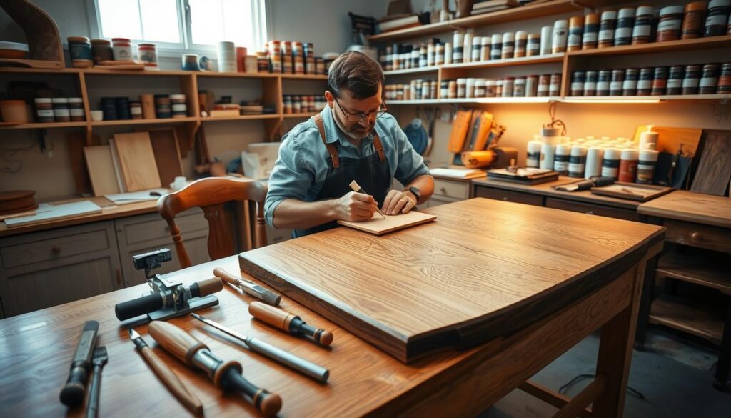A serene workshop dedicated to wood veneer restoration, featuring a skilled craftsman in professional attire meticulously applying glue to a delicate veneer piece on a polished wooden table. The foreground showcases various tools such as chisels, clamps, and brushes artfully arranged beside a partially restored vintage chair. In the middle, the craftsman focuses intently on his work, surrounded by warm, inviting lighting that highlights the intricate wood grain textures. The background reveals shelves filled with an array of wood stains and finishes, with the soft glow of natural light filtering through a nearby window. The atmosphere is one of dedication and craftsmanship, embodying a commitment to quality in furniture refinishing. A serene workshop dedicated to wood veneer restoration, featuring a skilled craftsman in professional attire meticulously applying glue to a delicate veneer piece on a polished wooden table. The foreground showcases various tools such as chisels, clamps, and brushes artfully arranged beside a partially restored vintage chair. In the middle, the craftsman focuses intently on his work, surrounded by warm, inviting lighting that highlights the intricate wood grain textures. The background reveals shelves filled with an array of wood stains and finishes, with the soft glow of natural light filtering through a nearby window. The atmosphere is one of dedication and craftsmanship, embodying a commitment to quality in furniture refinishing.