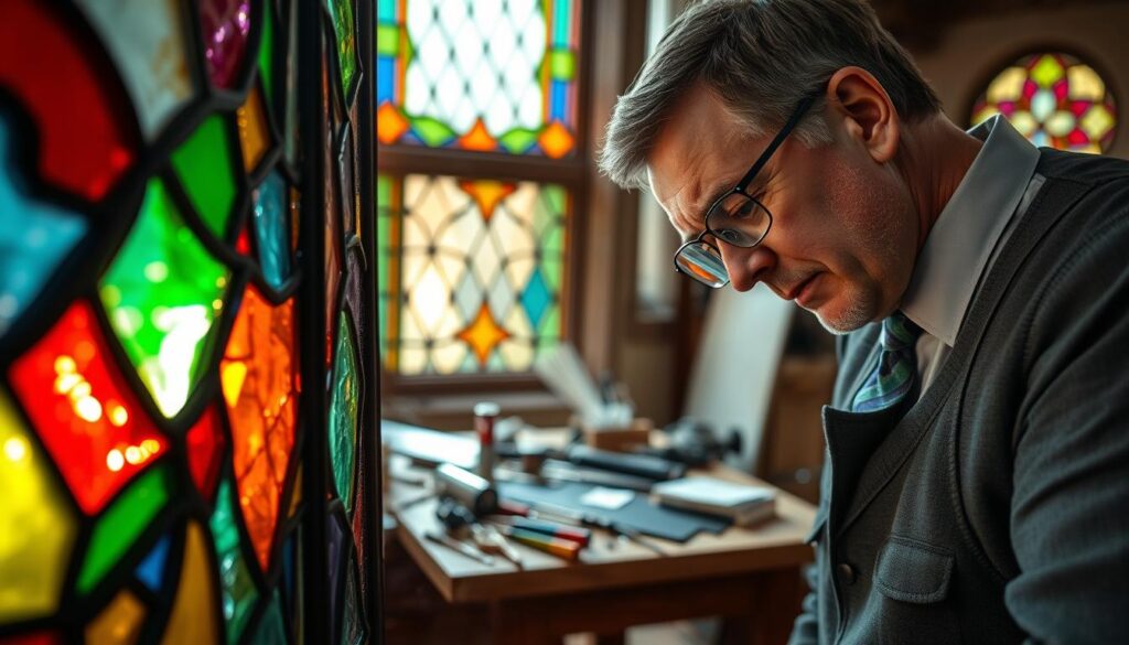 A skilled artisan examining a stained glass window, with vivid, multicolored glass pieces reflecting light in the foreground. The artisan, a middle-aged man in a professional business attire, is using a magnifying glass to assess the intricate details and leadwork of the glass. In the middle ground, a workbench cluttered with tools such as glass cutters, lead came, and protective gloves can be seen, hinting at the preparation process for repair. In the background, soft, natural light filters through another stained glass window, illuminating the workspace with an inviting glow. The atmosphere is focused and contemplative, capturing the essence of a meticulous assessment before restoration. A skilled artisan examining a stained glass window, with vivid, multicolored glass pieces reflecting light in the foreground. The artisan, a middle-aged man in a professional business attire, is using a magnifying glass to assess the intricate details and leadwork of the glass. In the middle ground, a workbench cluttered with tools such as glass cutters, lead came, and protective gloves can be seen, hinting at the preparation process for repair. In the background, soft, natural light filters through another stained glass window, illuminating the workspace with an inviting glow. The atmosphere is focused and contemplative, capturing the essence of a meticulous assessment before restoration.