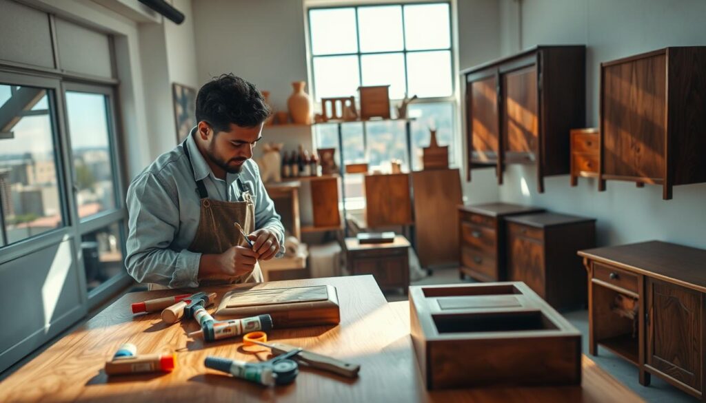 A skilled artisan in a bright, clean workshop is meticulously repairing a worn wood veneer side table. The artisan, dressed in a smart casual shirt and apron, focuses intently on the intricate details, using fine tools to smooth the surface. In the foreground, a polished wooden table displays various restoration supplies like glue, clamps, and sandpaper. In the middle ground, shelves are lined with beautifully restored furniture pieces showcasing rich wood grains, reflecting the professionalism of the business. Sunlight streams through large windows, casting soft shadows and creating a warm, inviting atmosphere, while a cityscape of Pretoria East is subtly visible through the background, hinting at the local charm. A skilled artisan in a bright, clean workshop is meticulously repairing a worn wood veneer side table. The artisan, dressed in a smart casual shirt and apron, focuses intently on the intricate details, using fine tools to smooth the surface. In the foreground, a polished wooden table displays various restoration supplies like glue, clamps, and sandpaper. In the middle ground, shelves are lined with beautifully restored furniture pieces showcasing rich wood grains, reflecting the professionalism of the business. Sunlight streams through large windows, casting soft shadows and creating a warm, inviting atmosphere, while a cityscape of Pretoria East is subtly visible through the background, hinting at the local charm.