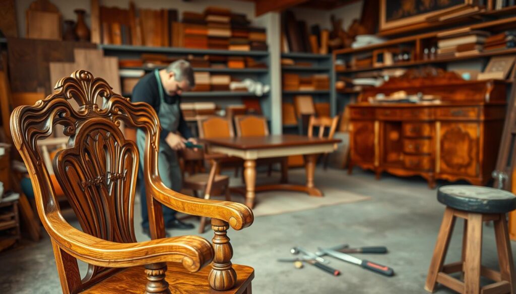 A skilled artisan in a workshop dedicated to furniture restoration in Pretoria, showcasing a variety of beautifully restored wooden furniture pieces. In the foreground, focus on a detailed wooden armchair with intricate carvings, its natural grain shining under warm, soft lighting. The middle ground features a polished dining table and a vintage sideboard, reflecting meticulous craftsmanship. Tools like chisels and sanders are placed nearby, hinting at the ongoing repair work. In the background, shelves lined with various wood veneers and restoration supplies add depth to the scene. The atmosphere feels professional and creative, with an inviting hint of nostalgia, evoking a passion for furniture refinishing. Use a slightly blurred depth of field to ensure the focus remains on the furniture and the restoration process, highlighting the textures and details. A skilled artisan in a workshop dedicated to furniture restoration in Pretoria, showcasing a variety of beautifully restored wooden furniture pieces. In the foreground, focus on a detailed wooden armchair with intricate carvings, its natural grain shining under warm, soft lighting. The middle ground features a polished dining table and a vintage sideboard, reflecting meticulous craftsmanship. Tools like chisels and sanders are placed nearby, hinting at the ongoing repair work. In the background, shelves lined with various wood veneers and restoration supplies add depth to the scene. The atmosphere feels professional and creative, with an inviting hint of nostalgia, evoking a passion for furniture refinishing. Use a slightly blurred depth of field to ensure the focus remains on the furniture and the restoration process, highlighting the textures and details.