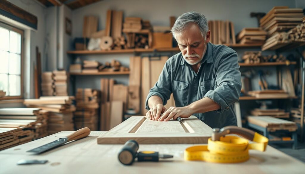 A skilled carpenter at work in a well-lit workshop, focused on meticulously sanding a wooden door. In the foreground, an array of carpentry tools like a chisel, hammer, and measuring tape lie on a workbench, showcasing craftsmanship. The middle ground features the carpenter, a middle-aged man in modest casual clothing, confidently shaping the door, surrounded by piles of neatly stacked wood and finished projects. The background reveals shelves filled with various tools and timber, bathed in warm, natural light from a large window, creating an inviting and industrious atmosphere. The scene evokes a sense of dedication and skill in carpentry, capturing the essence of door repairs for smooth everyday use. A skilled carpenter at work in a well-lit workshop, focused on meticulously sanding a wooden door. In the foreground, an array of carpentry tools like a chisel, hammer, and measuring tape lie on a workbench, showcasing craftsmanship. The middle ground features the carpenter, a middle-aged man in modest casual clothing, confidently shaping the door, surrounded by piles of neatly stacked wood and finished projects. The background reveals shelves filled with various tools and timber, bathed in warm, natural light from a large window, creating an inviting and industrious atmosphere. The scene evokes a sense of dedication and skill in carpentry, capturing the essence of door repairs for smooth everyday use.