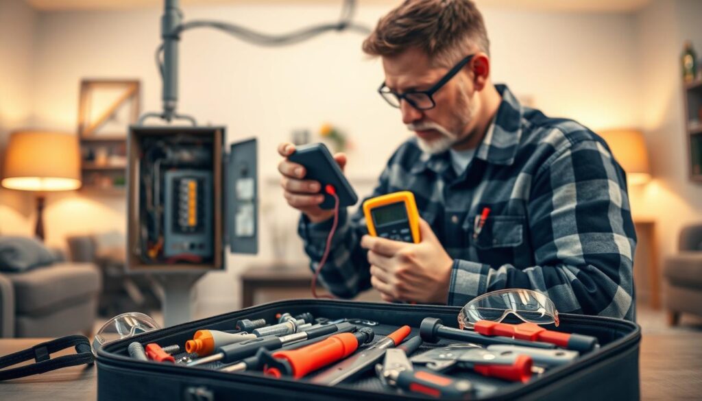 A skilled electrical handyman in professional attire, focused on safely inspecting and troubleshooting electrical systems. In the foreground, he examines a circuit breaker with a multimeter in hand. In the middle, a well-organized toolkit lies open, showcasing various tools like wire strippers, screwdrivers, and safety goggles. The background features a cozy home setting, with warm lighting illuminating the area, creating a sense of reliability and professionalism. The composition is shot from a slightly elevated angle, emphasizing the handyman's expertise while maintaining a clear view of the tools and workspace. The overall mood is one of confidence and safety, highlighting the importance of certified electrical work. A skilled electrical handyman in professional attire, focused on safely inspecting and troubleshooting electrical systems. In the foreground, he examines a circuit breaker with a multimeter in hand. In the middle, a well-organized toolkit lies open, showcasing various tools like wire strippers, screwdrivers, and safety goggles. The background features a cozy home setting, with warm lighting illuminating the area, creating a sense of reliability and professionalism. The composition is shot from a slightly elevated angle, emphasizing the handyman's expertise while maintaining a clear view of the tools and workspace. The overall mood is one of confidence and safety, highlighting the importance of certified electrical work.