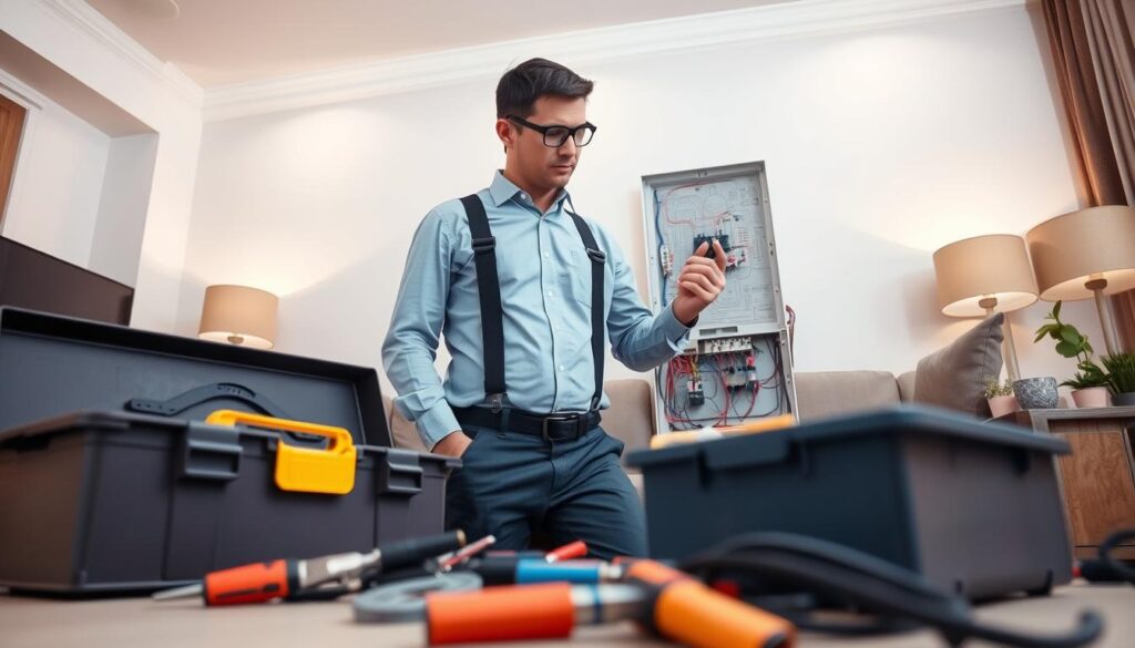 A skilled electrician in a neat, professional outfit is standing in a residential living room, analyzing an electrical panel, tools in hand. The foreground features a toolbox and various electrical tools scattered about, highlighting the hands-on nature of the job. In the middle, the electrician is focused and attentive, wearing safety glasses, surrounded by wires and circuit diagrams. The background showcases a modern home environment with well-placed soft lighting that illuminates the scene, emphasizing safety and compliance. The atmosphere is serious yet approachable, reflecting a commitment to quality electrical service. The camera angle is slightly low, capturing the electrician’s engagement with the task at hand, creating a sense of depth and professionalism. A skilled electrician in a neat, professional outfit is standing in a residential living room, analyzing an electrical panel, tools in hand. The foreground features a toolbox and various electrical tools scattered about, highlighting the hands-on nature of the job. In the middle, the electrician is focused and attentive, wearing safety glasses, surrounded by wires and circuit diagrams. The background showcases a modern home environment with well-placed soft lighting that illuminates the scene, emphasizing safety and compliance. The atmosphere is serious yet approachable, reflecting a commitment to quality electrical service. The camera angle is slightly low, capturing the electrician’s engagement with the task at hand, creating a sense of depth and professionalism.