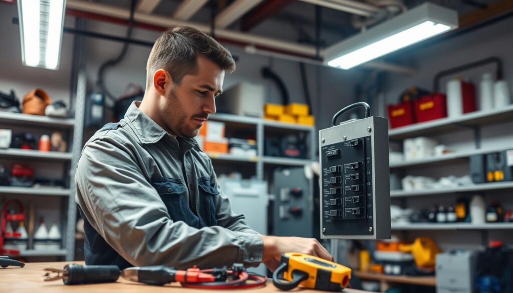 A skilled electrician in a professional uniform is focused on a circuit breaker panel, located in a bright, well-lit workspace. Tools like a multimeter and wire strippers are neatly arranged on a nearby workbench. The electrician's expression shows concentration and expertise as they examine the panel, highlighting their dedication to electrical maintenance and minor repairs. In the background, shelves filled with electrical supplies and safety equipment create an organized, industrious atmosphere. Warm overhead lighting casts subtle shadows, enhancing the depth of the scene, while a wide-angle view captures the entire workspace. The mood is professional and efficient, emphasizing the importance of safety and precision in electrical work. A skilled electrician in a professional uniform is focused on a circuit breaker panel, located in a bright, well-lit workspace. Tools like a multimeter and wire strippers are neatly arranged on a nearby workbench. The electrician's expression shows concentration and expertise as they examine the panel, highlighting their dedication to electrical maintenance and minor repairs. In the background, shelves filled with electrical supplies and safety equipment create an organized, industrious atmosphere. Warm overhead lighting casts subtle shadows, enhancing the depth of the scene, while a wide-angle view captures the entire workspace. The mood is professional and efficient, emphasizing the importance of safety and precision in electrical work.