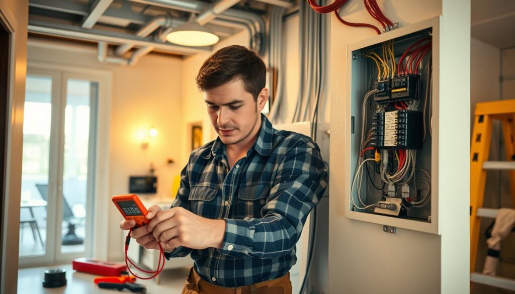 A skilled electrician in professional attire working diligently on electrical repairs inside a modern home. In the foreground, focus on the technician inspecting a circuit breaker panel, surrounded by tools like a multimeter and wire strippers. The middle of the scene includes an array of exposed wires and electrical conduits, reflecting the complexity of the installation process. In the background, a bright, well-lit room with a ladder and safety equipment enhances the environment, suggesting a safe and compliant workspace. The lighting is warm and inviting, emphasizing the professionalism and meticulous nature of the job. The overall mood portrays competence and reliability, ideal for a handyman service specializing in electrical work. A skilled electrician in professional attire working diligently on electrical repairs inside a modern home. In the foreground, focus on the technician inspecting a circuit breaker panel, surrounded by tools like a multimeter and wire strippers. The middle of the scene includes an array of exposed wires and electrical conduits, reflecting the complexity of the installation process. In the background, a bright, well-lit room with a ladder and safety equipment enhances the environment, suggesting a safe and compliant workspace. The lighting is warm and inviting, emphasizing the professionalism and meticulous nature of the job. The overall mood portrays competence and reliability, ideal for a handyman service specializing in electrical work.
