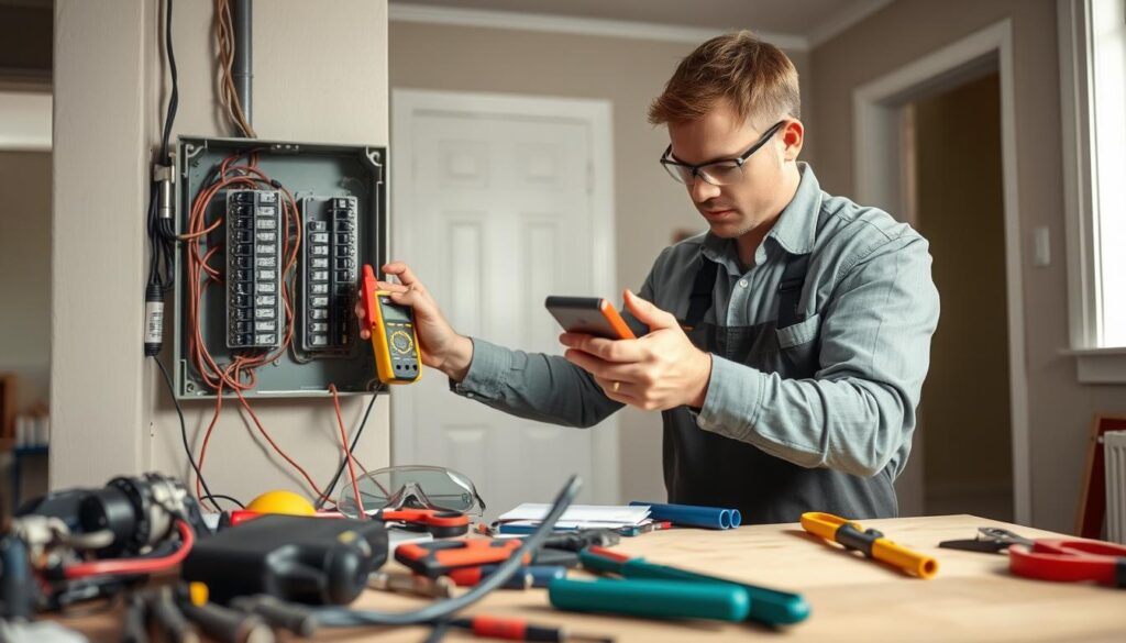 A skilled electrician is carefully examining a circuit breaker in a residential setting. In the foreground, the electrician, dressed in professional work attire, is using a multimeter to check voltage levels on a panel. The middle ground features a cluttered workbench with tools like wire strippers, pliers, and safety goggles scattered around. In the background, there is a well-lit room with painted walls and visible electrical outlets, emphasizing a home maintenance environment. Soft, natural lighting illuminates the scene, enhancing the focus on the electrician's meticulous work. The atmosphere conveys professionalism and attention to detail, highlighting the importance of safety and compliance in electrical repairs. A skilled electrician is carefully examining a circuit breaker in a residential setting. In the foreground, the electrician, dressed in professional work attire, is using a multimeter to check voltage levels on a panel. The middle ground features a cluttered workbench with tools like wire strippers, pliers, and safety goggles scattered around. In the background, there is a well-lit room with painted walls and visible electrical outlets, emphasizing a home maintenance environment. Soft, natural lighting illuminates the scene, enhancing the focus on the electrician's meticulous work. The atmosphere conveys professionalism and attention to detail, highlighting the importance of safety and compliance in electrical repairs.