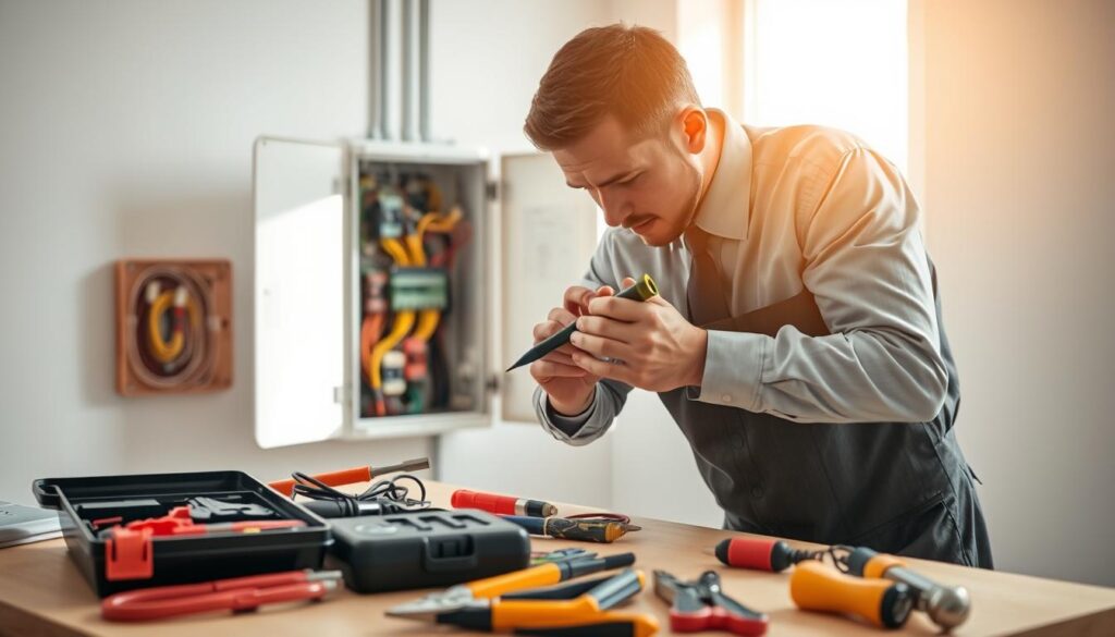 A skilled electrician working on a small-to-medium electrical repair in a bright, well-lit room. In the foreground, the electrician, dressed in professional business attire, is carefully inspecting a circuit board with a multimeter in hand. In the middle ground, various tools like wire strippers, pliers, and a toolkit are neatly arranged on a workbench. The background features a partially open electrical panel, revealing colorful wiring and connectors. Soft, natural light filters in from a nearby window, casting gentle shadows that enhance the scene's focus and depth. The overall atmosphere is one of efficiency and professionalism, capturing the essence of meticulous electrical work. A skilled electrician working on a small-to-medium electrical repair in a bright, well-lit room. In the foreground, the electrician, dressed in professional business attire, is carefully inspecting a circuit board with a multimeter in hand. In the middle ground, various tools like wire strippers, pliers, and a toolkit are neatly arranged on a workbench. The background features a partially open electrical panel, revealing colorful wiring and connectors. Soft, natural light filters in from a nearby window, casting gentle shadows that enhance the scene's focus and depth. The overall atmosphere is one of efficiency and professionalism, capturing the essence of meticulous electrical work.