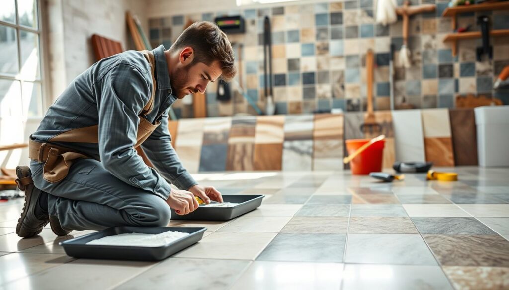 A skilled handyman applying waterproofing treatment to a tiled floor in a bright workshop setting. In the foreground, show the handyman, dressed in professional work attire, kneeling next to a tray of waterproofing material, focusing intently on his task. In the middle, display neatly arranged tiles with a glossy finish, showcasing various colors and patterns, emphasizing the quality of workmanship. In the background, include tools such as a trowel, bucket, and measuring tape, with bright, natural lighting streaming through a window, casting soft shadows. The atmosphere should be one of professionalism and expertise, illustrating the craftsmanship involved in tiling and waterproofing services. A skilled handyman applying waterproofing treatment to a tiled floor in a bright workshop setting. In the foreground, show the handyman, dressed in professional work attire, kneeling next to a tray of waterproofing material, focusing intently on his task. In the middle, display neatly arranged tiles with a glossy finish, showcasing various colors and patterns, emphasizing the quality of workmanship. In the background, include tools such as a trowel, bucket, and measuring tape, with bright, natural lighting streaming through a window, casting soft shadows. The atmosphere should be one of professionalism and expertise, illustrating the craftsmanship involved in tiling and waterproofing services.