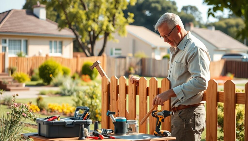 A skilled handyman at work in a beautifully landscaped garden in Houghton Estate, Johannesburg. In the foreground, the handyman, a man in modest casual clothing, is focusing on a wooden fence, using traditional tools like a hammer and tape measure. His appearance is professional yet approachable. In the middle, tools like a toolbox, drill, and paint cans are neatly arranged on a workbench. The background features a serene residential setting with well-kept houses and lush greenery, suggesting a charming neighborhood atmosphere. The scene is illuminated by warm, natural sunlight, creating an inviting and productive mood. The composition is framed with a slight depth of field, emphasizing the handyman's craftsmanship. A skilled handyman at work in a beautifully landscaped garden in Houghton Estate, Johannesburg. In the foreground, the handyman, a man in modest casual clothing, is focusing on a wooden fence, using traditional tools like a hammer and tape measure. His appearance is professional yet approachable. In the middle, tools like a toolbox, drill, and paint cans are neatly arranged on a workbench. The background features a serene residential setting with well-kept houses and lush greenery, suggesting a charming neighborhood atmosphere. The scene is illuminated by warm, natural sunlight, creating an inviting and productive mood. The composition is framed with a slight depth of field, emphasizing the handyman's craftsmanship.