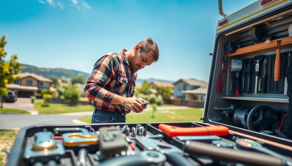 A skilled handyman diligently working on a mobile repair unit, showcasing quality workmanship. In the foreground, a well-organized toolbox with various tools glistening under natural sunlight. The handyman, dressed in a professional mechanic's shirt and sturdy jeans, is focused on fixing a part of the mobile unit, emphasizing attention to detail. In the middle ground, the mobile repair unit is parked against a scenic backdrop of East Rand's residential area, with well-maintained properties in view. The background captures lush greenery and a clear blue sky, suggesting reliability and trustworthiness. Natural light illuminates the scene, creating a warm and inviting atmosphere, highlighting the professionalism and craftsmanship emblematic of local property maintenance services. A skilled handyman diligently working on a mobile repair unit, showcasing quality workmanship. In the foreground, a well-organized toolbox with various tools glistening under natural sunlight. The handyman, dressed in a professional mechanic's shirt and sturdy jeans, is focused on fixing a part of the mobile unit, emphasizing attention to detail. In the middle ground, the mobile repair unit is parked against a scenic backdrop of East Rand's residential area, with well-maintained properties in view. The background captures lush greenery and a clear blue sky, suggesting reliability and trustworthiness. Natural light illuminates the scene, creating a warm and inviting atmosphere, highlighting the professionalism and craftsmanship emblematic of local property maintenance services.