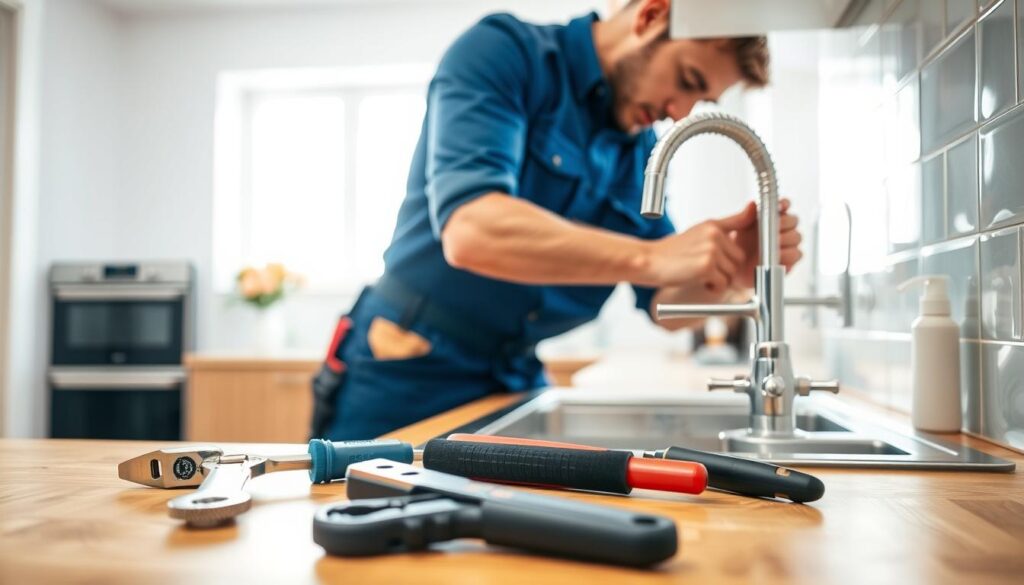 A skilled handyman dressed in a blue work uniform and a tool belt, focused on repairing a leaky faucet under a kitchen sink. In the foreground, tools like a wrench, screwdriver, and pliers are neatly arranged on a wooden surface. In the middle ground, the handyman is actively engaged, showing determination and expertise as he tightens pipes and inspects the plumbing. The background features a modern kitchen with bright, natural light streaming through a window, creating an inviting and productive atmosphere. The scene captures a blend of quick fixes and professionalism, embodying quality control. The mood is pragmatic and focused, showcasing a reliable handyman in action, emphasizing skill and trustworthiness. A skilled handyman dressed in a blue work uniform and a tool belt, focused on repairing a leaky faucet under a kitchen sink. In the foreground, tools like a wrench, screwdriver, and pliers are neatly arranged on a wooden surface. In the middle ground, the handyman is actively engaged, showing determination and expertise as he tightens pipes and inspects the plumbing. The background features a modern kitchen with bright, natural light streaming through a window, creating an inviting and productive atmosphere. The scene captures a blend of quick fixes and professionalism, embodying quality control. The mood is pragmatic and focused, showcasing a reliable handyman in action, emphasizing skill and trustworthiness.