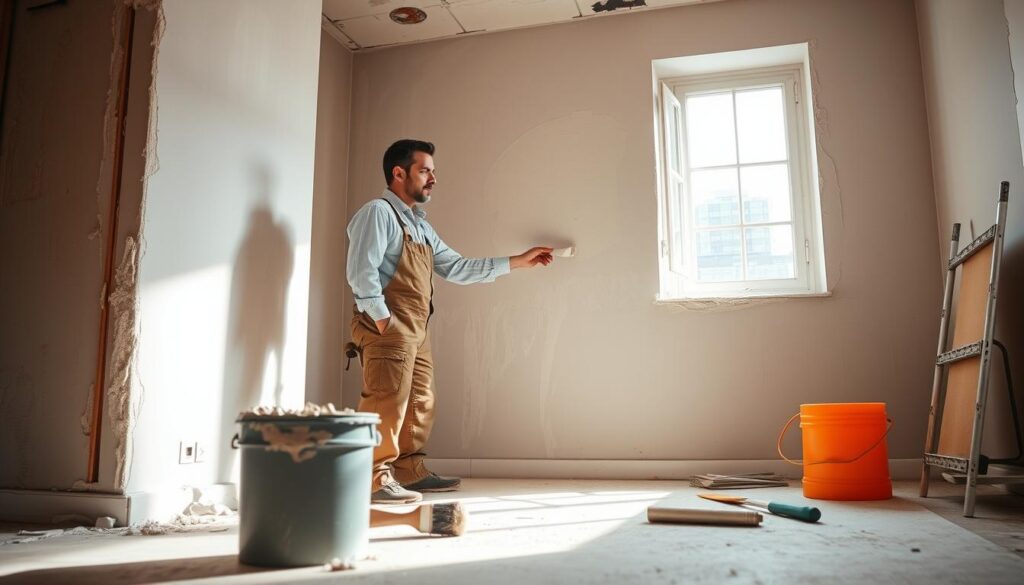A skilled handyman, dressed in professional work attire, carefully applies plaster to the wall of a partially renovated room. In the foreground, a trowel and bucket filled with plaster rest nearby, showing the tools of the trade. The middle ground features the worker smoothing a freshly coated wall, showcasing uniform texture and attention to detail. The background reveals unfinished areas, with scaffolding and construction materials indicating an active renovation site. Soft, natural light streams in through a nearby window, casting gentle shadows and creating an inviting atmosphere. The overall mood is focused and industrious, celebrating the art of renovation and finishing work in a mobile assistance context. A skilled handyman, dressed in professional work attire, carefully applies plaster to the wall of a partially renovated room. In the foreground, a trowel and bucket filled with plaster rest nearby, showing the tools of the trade. The middle ground features the worker smoothing a freshly coated wall, showcasing uniform texture and attention to detail. The background reveals unfinished areas, with scaffolding and construction materials indicating an active renovation site. Soft, natural light streams in through a nearby window, casting gentle shadows and creating an inviting atmosphere. The overall mood is focused and industrious, celebrating the art of renovation and finishing work in a mobile assistance context.