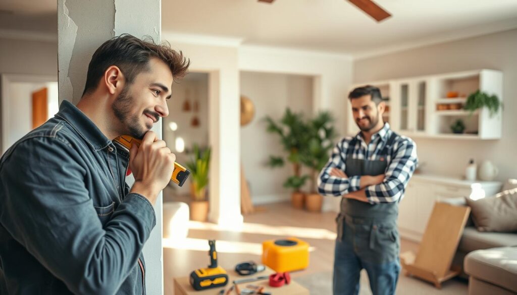 A skilled handyman, dressed in professional work attire, is diligently completing a home repair job in a cozy living room. In the foreground, the handyman is thoughtfully measuring a wall with a level, surrounded by neatly organized tools like a drill, screws, and a tape measure. In the middle ground, partially painted walls and freshly installed cabinetry hint at a recent transformation. Natural light streams in through a nearby window, highlighting the craftsmanship and attention to detail in the work. The background features a warm and inviting atmosphere, with plants and home décor that reflect a well-maintained space. The overall mood conveys satisfaction and professionalism, reinforcing the idea of a job done right. A skilled handyman, dressed in professional work attire, is diligently completing a home repair job in a cozy living room. In the foreground, the handyman is thoughtfully measuring a wall with a level, surrounded by neatly organized tools like a drill, screws, and a tape measure. In the middle ground, partially painted walls and freshly installed cabinetry hint at a recent transformation. Natural light streams in through a nearby window, highlighting the craftsmanship and attention to detail in the work. The background features a warm and inviting atmosphere, with plants and home décor that reflect a well-maintained space. The overall mood conveys satisfaction and professionalism, reinforcing the idea of a job done right.
