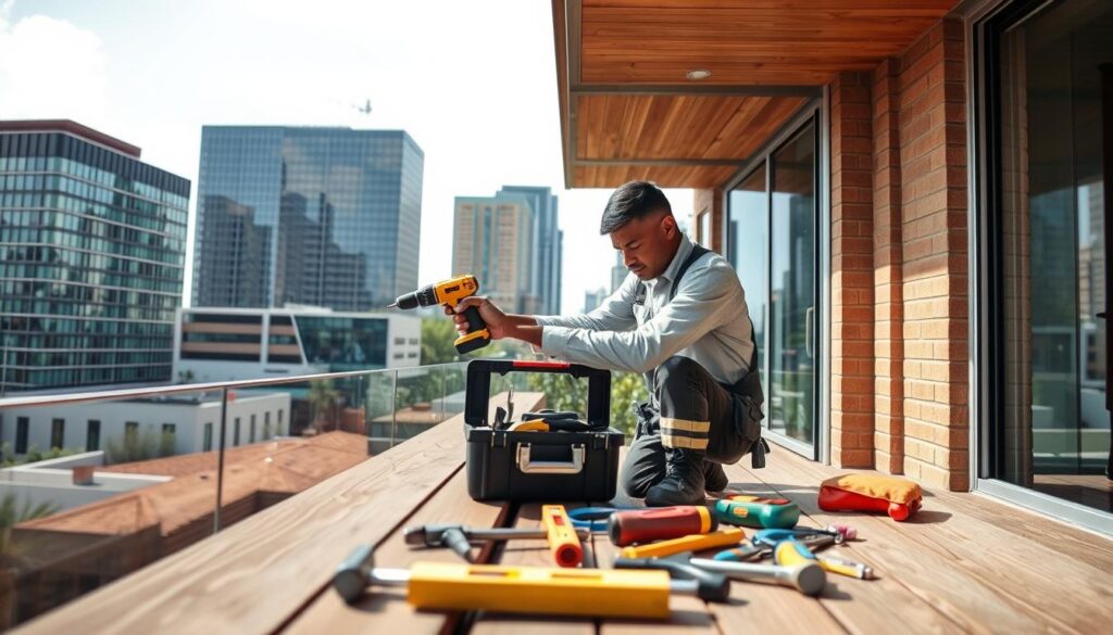 A skilled handyman in Johannesburg, wearing a professional uniform, is actively engaged in work on a building's exterior. In the foreground, he’s using a power drill to fix a wooden deck, showcasing his expertise and attention to detail. The middle ground displays various tools neatly arranged alongside him, including a toolbox, hammer, and level, signifying a well-prepared handyman. In the background, the iconic Johannesburg skyline is visible, with modern office buildings and their clean lines contrasting with the handyman's craftsmanship. The scene is illuminated with natural daylight, creating a vibrant and inviting atmosphere. The image captures a sense of professionalism, reliability, and the dedication that clients can expect from maintenance services in the Johannesburg CBD. A skilled handyman in Johannesburg, wearing a professional uniform, is actively engaged in work on a building's exterior. In the foreground, he’s using a power drill to fix a wooden deck, showcasing his expertise and attention to detail. The middle ground displays various tools neatly arranged alongside him, including a toolbox, hammer, and level, signifying a well-prepared handyman. In the background, the iconic Johannesburg skyline is visible, with modern office buildings and their clean lines contrasting with the handyman's craftsmanship. The scene is illuminated with natural daylight, creating a vibrant and inviting atmosphere. The image captures a sense of professionalism, reliability, and the dedication that clients can expect from maintenance services in the Johannesburg CBD.