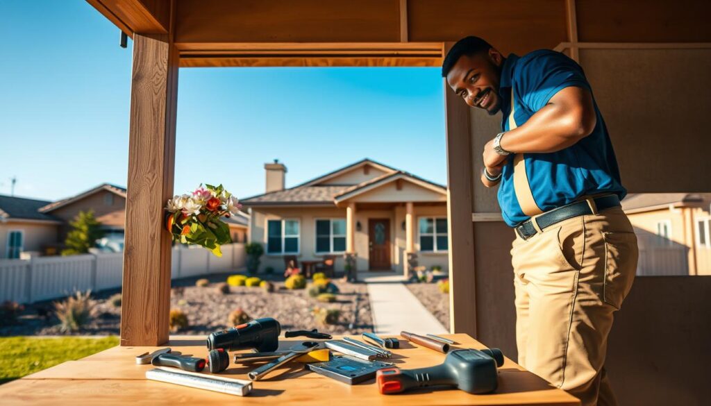 A skilled handyman in Lenasia, wearing a blue polo shirt and khaki work pants, is in the foreground, confidently working on a wooden door. He holds a power drill, surrounded by various tools such as a wrench, hammer, and tape measure scattered on a workbench. In the middle ground, a cozy, well-maintained home is visible, showcasing neat landscaping and a welcoming entrance. In the background, typical Lenasia architecture is depicted under a clear blue sky, hinting at a suburban neighborhood setting. The lighting is warm and inviting, reminiscent of a sunny afternoon, casting soft shadows that enhance the sense of activity and professionalism, creating a positive atmosphere of home improvement and maintenance services. A skilled handyman in Lenasia, wearing a blue polo shirt and khaki work pants, is in the foreground, confidently working on a wooden door. He holds a power drill, surrounded by various tools such as a wrench, hammer, and tape measure scattered on a workbench. In the middle ground, a cozy, well-maintained home is visible, showcasing neat landscaping and a welcoming entrance. In the background, typical Lenasia architecture is depicted under a clear blue sky, hinting at a suburban neighborhood setting. The lighting is warm and inviting, reminiscent of a sunny afternoon, casting soft shadows that enhance the sense of activity and professionalism, creating a positive atmosphere of home improvement and maintenance services.