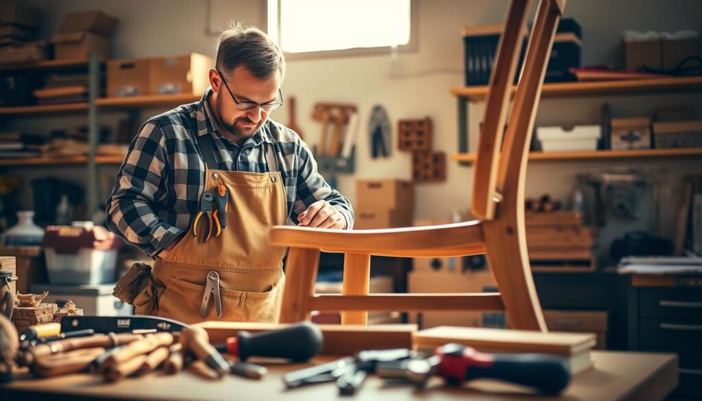 A skilled handyman in a brightly lit workshop, focusing intently on repairing a wooden chair. He is dressed in professional work attire—tools hanging from his apron, with a toolbelt around his waist. In the foreground, various tools are neatly arranged, including a screwdriver, pliers, and wood pieces. The middle ground features the handyman's engaged hands working on the chair, highlighting his craftsmanship. The background showcases a well-organized workspace with shelves of tools and boxes, casting soft shadows to convey depth. The scene is infused with a warm, inviting atmosphere, evoking a sense of reliability and professionalism. The image is captured with a slight depth of field, emphasizing the handyman and the ongoing work, while the lighting is soft and natural, resembling daylight filtering through a window. A skilled handyman in a brightly lit workshop, focusing intently on repairing a wooden chair. He is dressed in professional work attire—tools hanging from his apron, with a toolbelt around his waist. In the foreground, various tools are neatly arranged, including a screwdriver, pliers, and wood pieces. The middle ground features the handyman's engaged hands working on the chair, highlighting his craftsmanship. The background showcases a well-organized workspace with shelves of tools and boxes, casting soft shadows to convey depth. The scene is infused with a warm, inviting atmosphere, evoking a sense of reliability and professionalism. The image is captured with a slight depth of field, emphasizing the handyman and the ongoing work, while the lighting is soft and natural, resembling daylight filtering through a window.