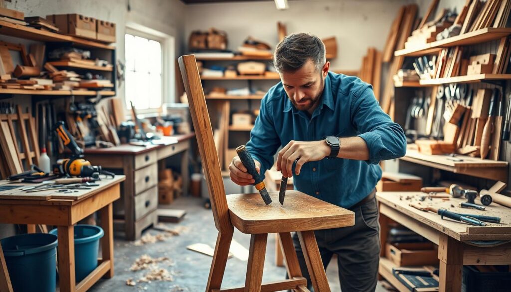 A skilled handyman in a brightly lit workshop, meticulously repairing a wooden chair. In the foreground, focus on the handyman's hands, showcasing precision work with tools like a chisel and sandpaper. He wears a professional blue shirt and sturdy pants. The middle ground features workbenches cluttered with tools, wood shavings, and an assortment of completed projects, highlighting craftsmanship. In the background, shelves lined with organized tools and materials create a sense of professionalism. Soft, natural light filters through a window, casting warm highlights and shadows, creating an inviting atmosphere that emphasizes quality workmanship. The scene embodies reliability, attention to detail, and the artistry of home repair. A skilled handyman in a brightly lit workshop, meticulously repairing a wooden chair. In the foreground, focus on the handyman's hands, showcasing precision work with tools like a chisel and sandpaper. He wears a professional blue shirt and sturdy pants. The middle ground features workbenches cluttered with tools, wood shavings, and an assortment of completed projects, highlighting craftsmanship. In the background, shelves lined with organized tools and materials create a sense of professionalism. Soft, natural light filters through a window, casting warm highlights and shadows, creating an inviting atmosphere that emphasizes quality workmanship. The scene embodies reliability, attention to detail, and the artistry of home repair.
