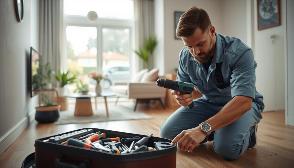 A skilled handyman in a light blue uniform, showing professionalism and determination, is working diligently in a cozy, well-maintained home environment. In the foreground, he inspects a toolbox filled with various tools, like screwdrivers, pliers, and a power drill, while kneeling beside a wooden floor. In the middle ground, a modern living room with tasteful decor, showcasing potted plants and a well-lit window, suggests a warm and inviting atmosphere. In the background, subtle hints of a busy neighborhood in Heidelberg, Gauteng, with trees and residential buildings can be seen. Soft, natural lighting streams in from the window, creating a calm and productive mood. The focus is on quality workmanship and the handyman’s dedication to home maintenance. A skilled handyman in a light blue uniform, showing professionalism and determination, is working diligently in a cozy, well-maintained home environment. In the foreground, he inspects a toolbox filled with various tools, like screwdrivers, pliers, and a power drill, while kneeling beside a wooden floor. In the middle ground, a modern living room with tasteful decor, showcasing potted plants and a well-lit window, suggests a warm and inviting atmosphere. In the background, subtle hints of a busy neighborhood in Heidelberg, Gauteng, with trees and residential buildings can be seen. Soft, natural lighting streams in from the window, creating a calm and productive mood. The focus is on quality workmanship and the handyman’s dedication to home maintenance.