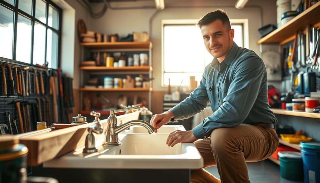 A skilled handyman in a modern workshop, wearing a professional shirt and sturdy work pants, is focused on fixing a plumbing issue on a bright, sunny day. In the foreground, the handyman is crouched beside a sink, tools neatly arranged around him. The middle ground features shelves filled with various tools and materials like hammers, wrenches, and paint cans, emphasizing the breadth of handyman services. In the background, large windows let in warm, natural light, illuminating the space and creating an inviting atmosphere. The overall mood is industrious yet friendly, showcasing expertise and professionalism in home and workplace repairs across the Vaal Triangle. The angle captures the handyman's concentration and the details of the workspace while ensuring the image remains clear and uncluttered. A skilled handyman in a modern workshop, wearing a professional shirt and sturdy work pants, is focused on fixing a plumbing issue on a bright, sunny day. In the foreground, the handyman is crouched beside a sink, tools neatly arranged around him. The middle ground features shelves filled with various tools and materials like hammers, wrenches, and paint cans, emphasizing the breadth of handyman services. In the background, large windows let in warm, natural light, illuminating the space and creating an inviting atmosphere. The overall mood is industrious yet friendly, showcasing expertise and professionalism in home and workplace repairs across the Vaal Triangle. The angle captures the handyman's concentration and the details of the workspace while ensuring the image remains clear and uncluttered.