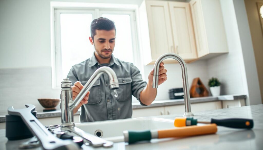A skilled handyman in a modest casual outfit, standing in a well-lit home environment, confidently fixing a leaky faucet at a kitchen sink. In the foreground, tools like wrenches and screwdrivers are neatly arranged on a countertop. In the middle ground, the handyman is focused on the repair work with a look of concentration, demonstrating expertise. Behind him, a tidy kitchen with cabinets and a small plant adds warmth and life to the scene. Sunlight streams in through a nearby window, creating a bright and inviting atmosphere. The camera angle is slightly elevated, emphasizing the action and craftsmanship involved in general repairs and odd jobs, highlighting a sense of reliability and professionalism. A skilled handyman in a modest casual outfit, standing in a well-lit home environment, confidently fixing a leaky faucet at a kitchen sink. In the foreground, tools like wrenches and screwdrivers are neatly arranged on a countertop. In the middle ground, the handyman is focused on the repair work with a look of concentration, demonstrating expertise. Behind him, a tidy kitchen with cabinets and a small plant adds warmth and life to the scene. Sunlight streams in through a nearby window, creating a bright and inviting atmosphere. The camera angle is slightly elevated, emphasizing the action and craftsmanship involved in general repairs and odd jobs, highlighting a sense of reliability and professionalism.