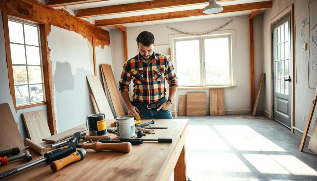 A skilled handyman in a modest, well-lit workshop is busy at work, focused on repairing a section of drywall. He is casually dressed in a bright plaid shirt, wearing a tool belt filled with various tools. In the foreground, a sturdy wooden workbench displays an array of tools such as a hammer, screwdriver, and paint can, blending the essence of renovation and repair. The middle layer features partially renovated walls, showcasing new paint alongside exposed wooden beams. The background includes large windows allowing natural light to flood the space, creating an inviting atmosphere. Soft shadows play across the floor, enhancing the warm, industrious mood. The image conveys a sense of teamwork and dedication to quality craftsmanship in a home renovation setting. A skilled handyman in a modest, well-lit workshop is busy at work, focused on repairing a section of drywall. He is casually dressed in a bright plaid shirt, wearing a tool belt filled with various tools. In the foreground, a sturdy wooden workbench displays an array of tools such as a hammer, screwdriver, and paint can, blending the essence of renovation and repair. The middle layer features partially renovated walls, showcasing new paint alongside exposed wooden beams. The background includes large windows allowing natural light to flood the space, creating an inviting atmosphere. Soft shadows play across the floor, enhancing the warm, industrious mood. The image conveys a sense of teamwork and dedication to quality craftsmanship in a home renovation setting.
