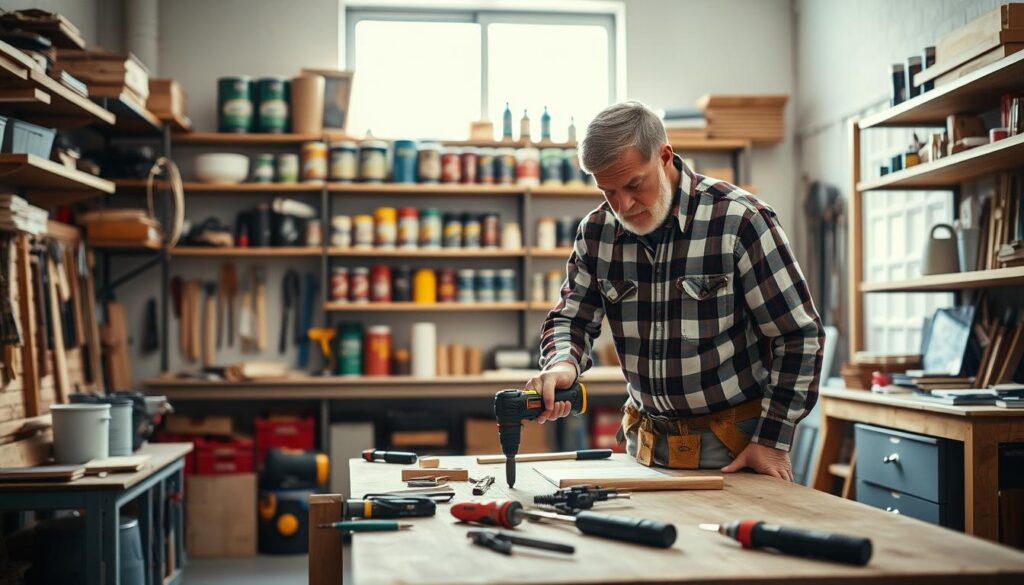 A skilled handyman in a neatly organized workshop, focused on a home improvement project. In the foreground, a middle-aged man wearing a plaid shirt and tool belt, working intently on a wooden table with a drill and various tools scattered around. In the middle, shelves filled with tools, paint cans, and supplies create an atmosphere of craftsmanship and readiness. The background features a bright window letting in natural light, illuminating the space and creating warmth. The mood is industrious and professional, conveying an air of reliability and expertise. The angle is slightly above eye-level, showcasing the handyman's actions while maintaining a clean composition. A skilled handyman in a neatly organized workshop, focused on a home improvement project. In the foreground, a middle-aged man wearing a plaid shirt and tool belt, working intently on a wooden table with a drill and various tools scattered around. In the middle, shelves filled with tools, paint cans, and supplies create an atmosphere of craftsmanship and readiness. The background features a bright window letting in natural light, illuminating the space and creating warmth. The mood is industrious and professional, conveying an air of reliability and expertise. The angle is slightly above eye-level, showcasing the handyman's actions while maintaining a clean composition.