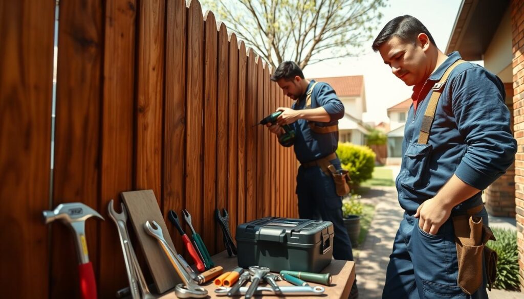 A skilled handyman in a professional blue uniform, equipped with a tool belt, is featured prominently in the foreground as he carefully repairs a wooden fence. He is focused and engaged, demonstrating expertise with a drill in hand. In the middle ground, various handyman tools are displayed on a sturdy workbench, including a hammer, wrenches, and a toolbox, emphasizing the range of services offered. The background reveals a suburban Noordwyk neighborhood, showcasing well-kept houses and landscaped gardens under bright, natural sunlight. The image captures a warm, reliable atmosphere, reflecting the dedication and skill of the handyman services in Midrand. The scene is slightly angled from a low perspective to highlight the handyman’s professionalism and the everyday setting, contributing to a sense of approachability. A skilled handyman in a professional blue uniform, equipped with a tool belt, is featured prominently in the foreground as he carefully repairs a wooden fence. He is focused and engaged, demonstrating expertise with a drill in hand. In the middle ground, various handyman tools are displayed on a sturdy workbench, including a hammer, wrenches, and a toolbox, emphasizing the range of services offered. The background reveals a suburban Noordwyk neighborhood, showcasing well-kept houses and landscaped gardens under bright, natural sunlight. The image captures a warm, reliable atmosphere, reflecting the dedication and skill of the handyman services in Midrand. The scene is slightly angled from a low perspective to highlight the handyman’s professionalism and the everyday setting, contributing to a sense of approachability.