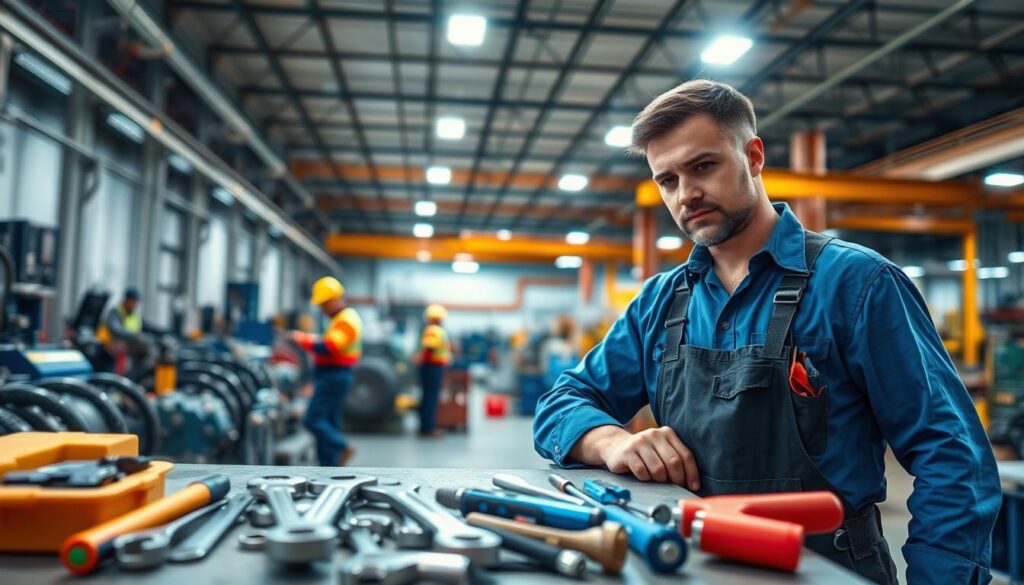 A skilled handyman in a professional blue work shirt and tool belt is diligently repairing a large industrial machine in a well-lit factory environment. In the foreground, tools such as wrenches and screwdrivers are neatly arranged on a workbench, showcasing readiness for the task. The middle ground reveals various maintenance activities, with another worker in safety gear inspecting equipment while a bright overhead light casts a warm glow on the scene. The background features a spacious factory setting filled with machinery and vibrant colors, reflecting an industrious atmosphere. The lighting should emphasize the focus on the handyman's expertise, creating a sense of professionalism and reliability. The mood is industrious and efficient, showcasing the essential handyman services for industrial, commercial, and residential properties in the East Rand. A skilled handyman in a professional blue work shirt and tool belt is diligently repairing a large industrial machine in a well-lit factory environment. In the foreground, tools such as wrenches and screwdrivers are neatly arranged on a workbench, showcasing readiness for the task. The middle ground reveals various maintenance activities, with another worker in safety gear inspecting equipment while a bright overhead light casts a warm glow on the scene. The background features a spacious factory setting filled with machinery and vibrant colors, reflecting an industrious atmosphere. The lighting should emphasize the focus on the handyman's expertise, creating a sense of professionalism and reliability. The mood is industrious and efficient, showcasing the essential handyman services for industrial, commercial, and residential properties in the East Rand.