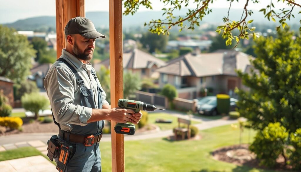 A skilled handyman in a professional outfit works on a home repair project in a picturesque suburb of Carlswald Estate in Midrand. In the foreground, the handyman uses tools like a power drill and screwdriver while focused on fixing a wooden door. In the middle ground, neatly kept houses with lush gardens reflect a tranquil neighborhood atmosphere. In the background, recognizable landmarks of Midrand, such as the Mall of Africa and green city parks, enhance the scene’s local charm. Soft natural light filters through the trees, casting gentle shadows that add warmth to the image. The overall mood conveys a sense of community support and reliability in home maintenance. A skilled handyman in a professional outfit works on a home repair project in a picturesque suburb of Carlswald Estate in Midrand. In the foreground, the handyman uses tools like a power drill and screwdriver while focused on fixing a wooden door. In the middle ground, neatly kept houses with lush gardens reflect a tranquil neighborhood atmosphere. In the background, recognizable landmarks of Midrand, such as the Mall of Africa and green city parks, enhance the scene’s local charm. Soft natural light filters through the trees, casting gentle shadows that add warmth to the image. The overall mood conveys a sense of community support and reliability in home maintenance.