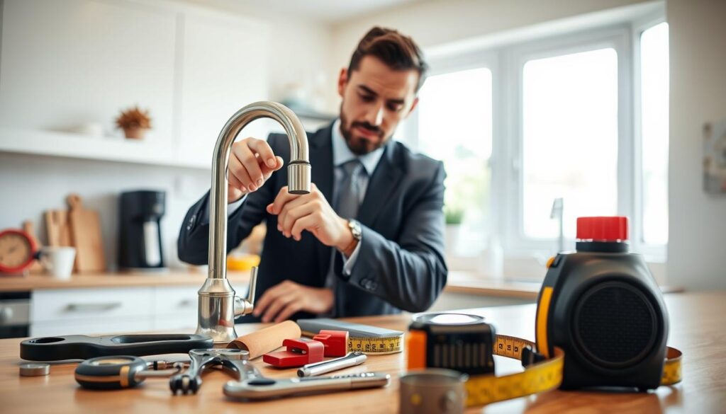A skilled handyman in a smart, professional outfit is confidently inspecting a leaky faucet in a modern, well-lit kitchen. In the foreground, tools are neatly arranged on a countertop, showcasing essentials like a wrench, screwdriver, and tape measure. The middle ground features the handyman actively working, with focused facial expressions conveying urgency and expertise. The background offers an open window letting in bright natural light, creating a warm and inviting atmosphere. The kitchen is clean and contemporary, with subtle decor elements emphasizing a homey feel. Capture this scene with a soft depth of field effect to bring the handyman and his tools into sharp focus while softly blurring the background, creating an energetic yet professional mood. A skilled handyman in a smart, professional outfit is confidently inspecting a leaky faucet in a modern, well-lit kitchen. In the foreground, tools are neatly arranged on a countertop, showcasing essentials like a wrench, screwdriver, and tape measure. The middle ground features the handyman actively working, with focused facial expressions conveying urgency and expertise. The background offers an open window letting in bright natural light, creating a warm and inviting atmosphere. The kitchen is clean and contemporary, with subtle decor elements emphasizing a homey feel. Capture this scene with a soft depth of field effect to bring the handyman and his tools into sharp focus while softly blurring the background, creating an energetic yet professional mood.