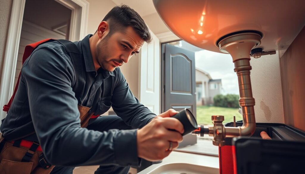 A skilled handyman in a smart uniform, equipped with a toolbox, urgently performing emergency repairs on a residential home. In the foreground, focus on the handyman working on a leaky pipe under a sink, with tools and a flashlight scattered around. The middle background shows a partially opened door revealing a friendly customer observing the repair, conveying a sense of trust and professionalism. In the background, a suburban setting with a well-kept lawn, and a few clouds in the sky casting natural light onto the scene. The atmosphere is tense yet reassuring, encapsulating the urgency of emergency call-outs, with bright, warm lighting to create an inviting feel. The angle should capture both the handyman’s focused expression and the customer’s attentive gaze. A skilled handyman in a smart uniform, equipped with a toolbox, urgently performing emergency repairs on a residential home. In the foreground, focus on the handyman working on a leaky pipe under a sink, with tools and a flashlight scattered around. The middle background shows a partially opened door revealing a friendly customer observing the repair, conveying a sense of trust and professionalism. In the background, a suburban setting with a well-kept lawn, and a few clouds in the sky casting natural light onto the scene. The atmosphere is tense yet reassuring, encapsulating the urgency of emergency call-outs, with bright, warm lighting to create an inviting feel. The angle should capture both the handyman’s focused expression and the customer’s attentive gaze.