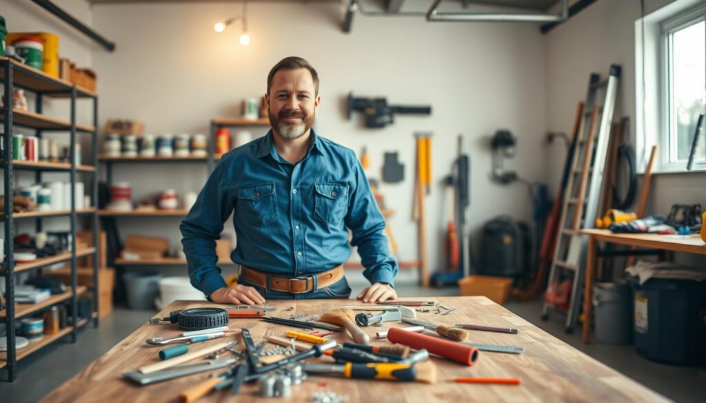 A skilled handyman in a tidy workshop setting, wearing a professional blue shirt and tool belt, is engaged in various property services. In the foreground, a wooden table is cluttered with tools like a hammer, screwdriver, and paintbrush, illustrating typical handyman jobs. In the middle ground, shelves display neatly organized supplies like paint cans and hardware. The background features a well-lit garage with a ladder and various power tools, emphasizing a sense of industriousness. Warm, natural lighting filters in through a window, creating a welcoming atmosphere. The scene is captured with a slightly elevated angle, providing a comprehensive view while maintaining a clean and professional look. A skilled handyman in a tidy workshop setting, wearing a professional blue shirt and tool belt, is engaged in various property services. In the foreground, a wooden table is cluttered with tools like a hammer, screwdriver, and paintbrush, illustrating typical handyman jobs. In the middle ground, shelves display neatly organized supplies like paint cans and hardware. The background features a well-lit garage with a ladder and various power tools, emphasizing a sense of industriousness. Warm, natural lighting filters in through a window, creating a welcoming atmosphere. The scene is captured with a slightly elevated angle, providing a comprehensive view while maintaining a clean and professional look.
