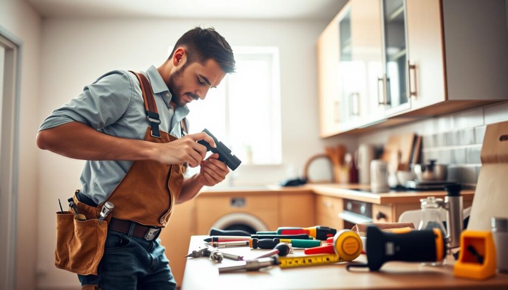A skilled handyman in a tool belt, wearing smart casual attire, is focused on repairing a kitchen cabinet in a modern, well-lit home environment. The foreground features the handyman with a tool in hand, displaying concentration and expertise. In the middle, there are various tools scattered on a workbench, including a hammer, screwdriver, and tape measure, highlighting the variety of services offered. The background shows a softly lit kitchen with warm, inviting colors and neatly organized appliances. The lighting is bright and natural, streaming in from a nearby window. The mood is professional yet approachable, suggesting reliability and craftsmanship, perfect for a handyman service in Mogale City. A skilled handyman in a tool belt, wearing smart casual attire, is focused on repairing a kitchen cabinet in a modern, well-lit home environment. The foreground features the handyman with a tool in hand, displaying concentration and expertise. In the middle, there are various tools scattered on a workbench, including a hammer, screwdriver, and tape measure, highlighting the variety of services offered. The background shows a softly lit kitchen with warm, inviting colors and neatly organized appliances. The lighting is bright and natural, streaming in from a nearby window. The mood is professional yet approachable, suggesting reliability and craftsmanship, perfect for a handyman service in Mogale City.