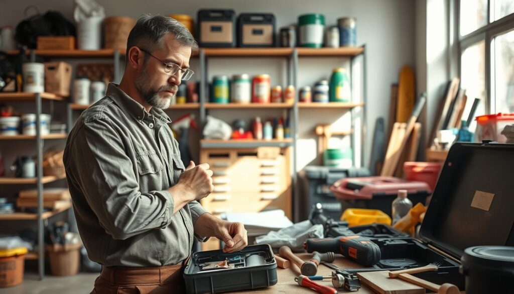 A skilled handyman in a well-organized workshop, foreground focused on a professional in a modest attire, repairing a household item with a toolkit open beside them. The middle ground showcases various tools like hammers, pliers, and a power drill, alongside neatly arranged materials for home maintenance. In the background, shelves filled with paint cans, cleaning supplies, and toolboxes create a practical atmosphere. Soft, natural light filters in from a large window, casting gentle shadows that enhance the sense of a productive workspace. The overall mood is focused and professional, reflecting dedication to quality home repairs and maintenance, making it clear that this is a reliable handyman service in action. A skilled handyman in a well-organized workshop, foreground focused on a professional in a modest attire, repairing a household item with a toolkit open beside them. The middle ground showcases various tools like hammers, pliers, and a power drill, alongside neatly arranged materials for home maintenance. In the background, shelves filled with paint cans, cleaning supplies, and toolboxes create a practical atmosphere. Soft, natural light filters in from a large window, casting gentle shadows that enhance the sense of a productive workspace. The overall mood is focused and professional, reflecting dedication to quality home repairs and maintenance, making it clear that this is a reliable handyman service in action.