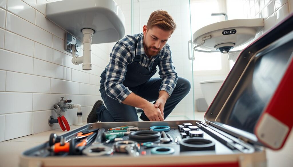 A skilled handyman in neat work attire is focused on plumbing repairs in a modern bathroom setting. In the foreground, a shiny toolbox is open, showcasing various plumbing tools—wrenches, pliers, and seals. The handyman is kneeling beside a sink, examining the pipes underneath, with a look of concentration. In the middle ground, a partially disassembled sink and scattered tools create a sense of active work. The background features a well-lit, minimalistic bathroom, with white tiles and a bright window casting natural light, creating an atmosphere of professionalism and efficient service. The composition is shot from a low angle to emphasize the handyman’s expertise and dedication to quality plumbing repairs and installations. A skilled handyman in neat work attire is focused on plumbing repairs in a modern bathroom setting. In the foreground, a shiny toolbox is open, showcasing various plumbing tools—wrenches, pliers, and seals. The handyman is kneeling beside a sink, examining the pipes underneath, with a look of concentration. In the middle ground, a partially disassembled sink and scattered tools create a sense of active work. The background features a well-lit, minimalistic bathroom, with white tiles and a bright window casting natural light, creating an atmosphere of professionalism and efficient service. The composition is shot from a low angle to emphasize the handyman’s expertise and dedication to quality plumbing repairs and installations.